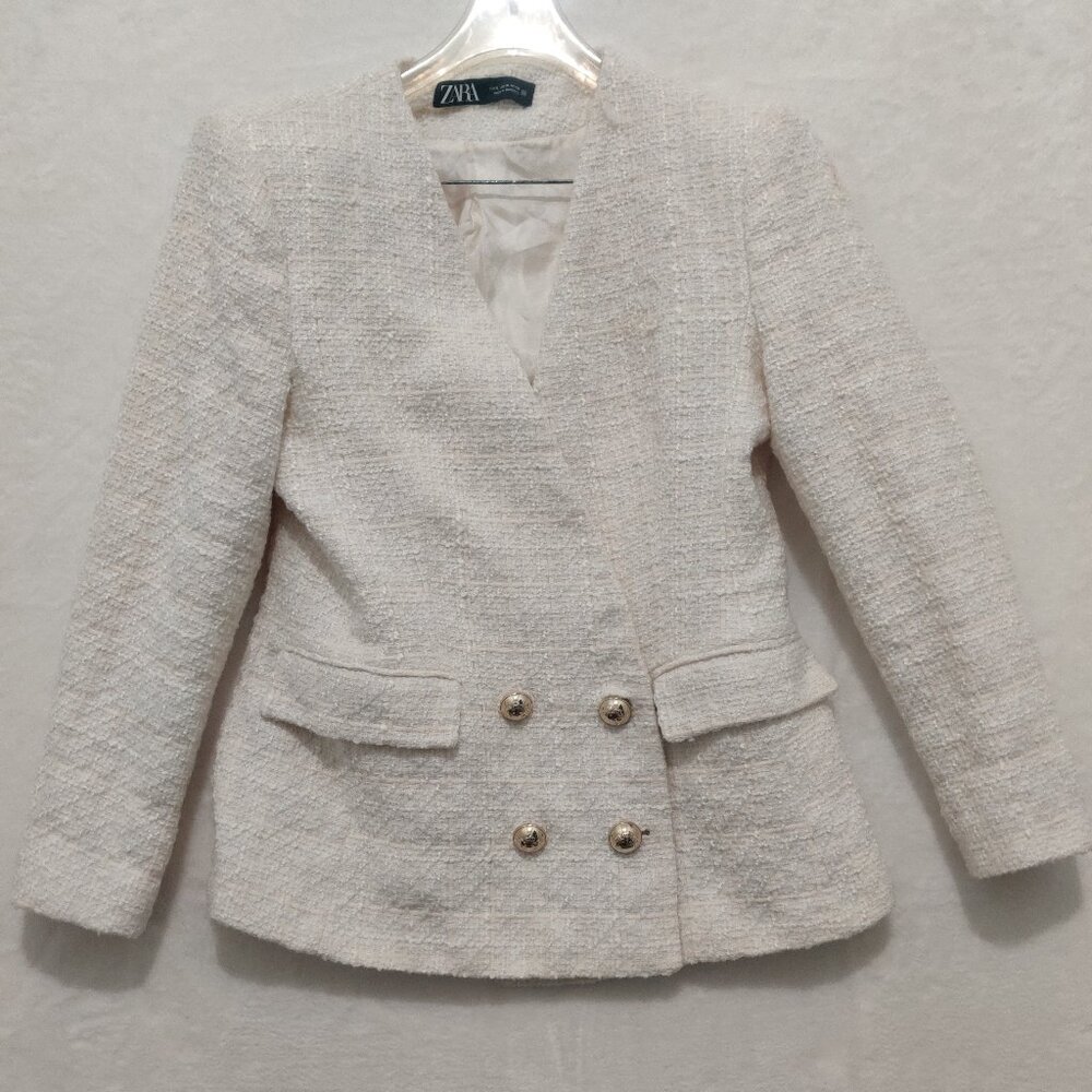 Zara Womens Cotton Tweed Long Sleeve Double Breasted Blazer size XL